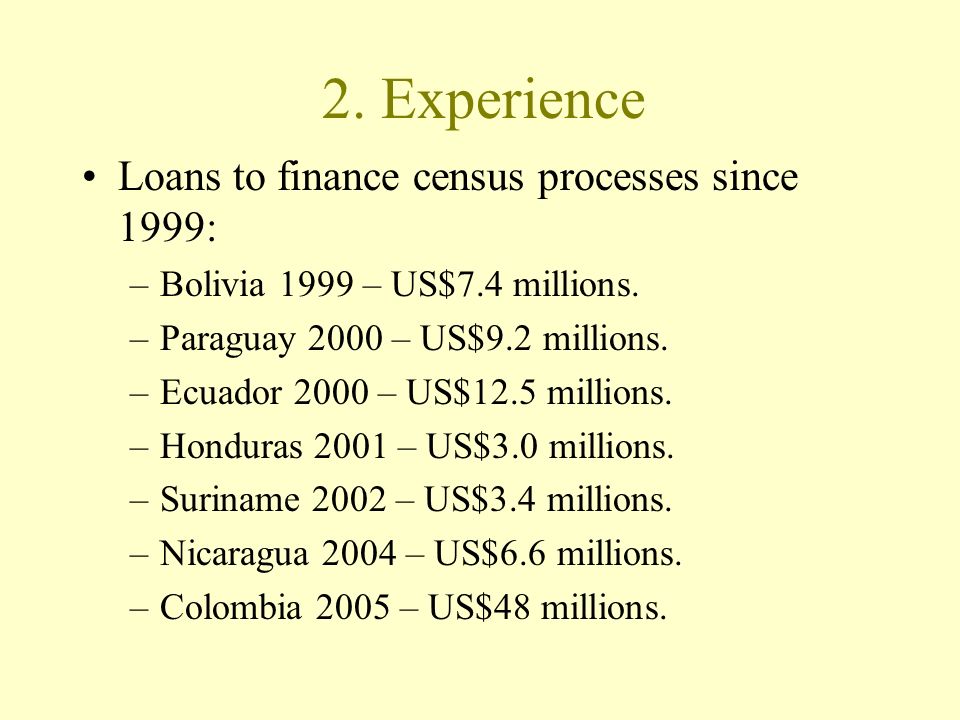 2. Experience Loans to finance census processes since 1999: –Bolivia 1999 – US$7.4 millions.