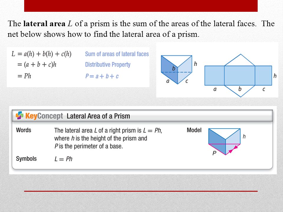 The lateral area L of a prism is the sum of the areas of the lateral faces.