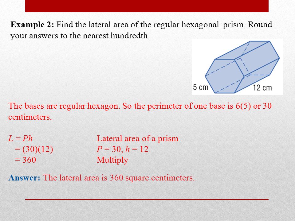 Example 2: Find the lateral area of the regular hexagonal prism.