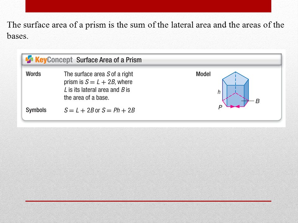 The surface area of a prism is the sum of the lateral area and the areas of the bases.