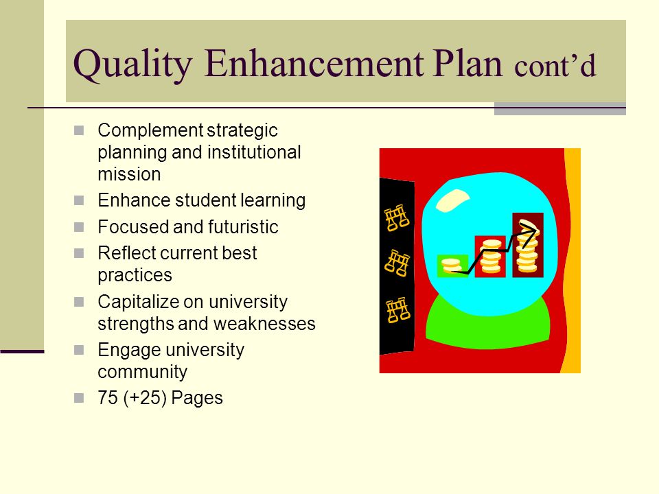 Quality Enhancement Plan cont’d Complement strategic planning and institutional mission Enhance student learning Focused and futuristic Reflect current best practices Capitalize on university strengths and weaknesses Engage university community 75 (+25) Pages