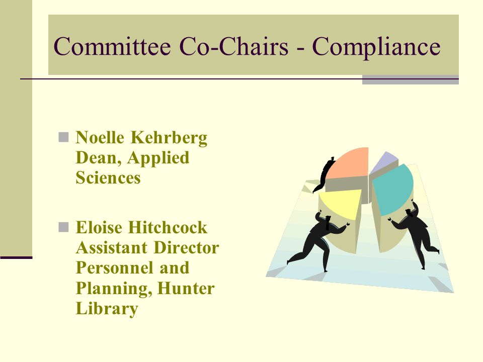 Committee Co-Chairs - Compliance Noelle Kehrberg Dean, Applied Sciences Eloise Hitchcock Assistant Director Personnel and Planning, Hunter Library