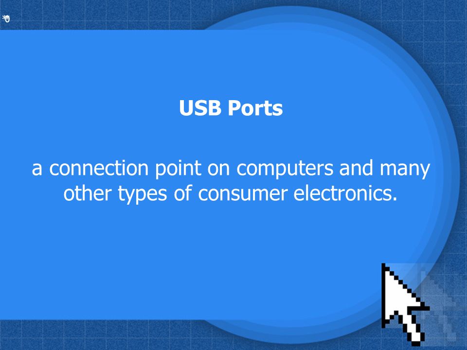 * * 0 USB Ports a connection point on computers and many other types of consumer electronics.