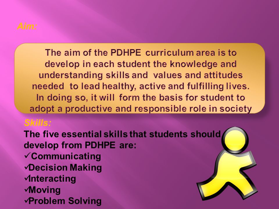 Aim: Skills: The five essential skills that students should develop from PDHPE are: Communicating Decision Making Interacting Moving Problem Solving