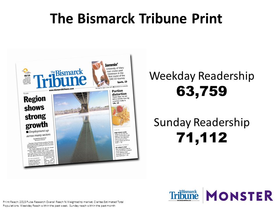 Weekday Readership 63,759 Sunday Readership 71,112 The Bismarck Tribune Print Print Reach: 2015 Pulse Research Overall Reach % Weighted to market.
