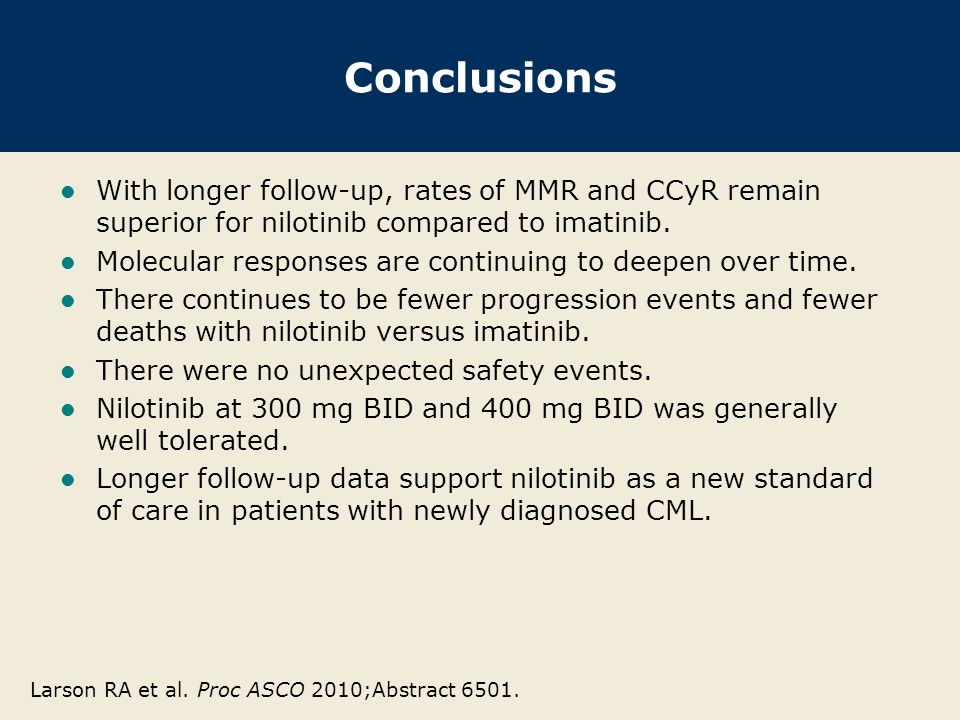 Conclusions With longer follow-up, rates of MMR and CCyR remain superior for nilotinib compared to imatinib.