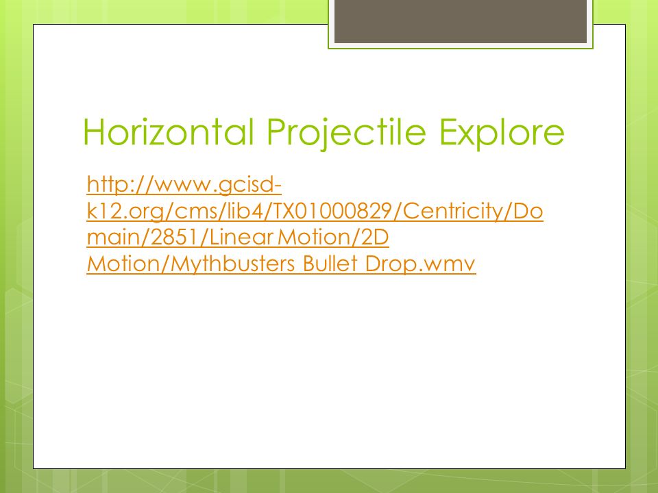 Horizontal Projectile Explore   k12.org/cms/lib4/TX /Centricity/Do main/2851/Linear Motion/2D Motion/Mythbusters Bullet Drop.wmv