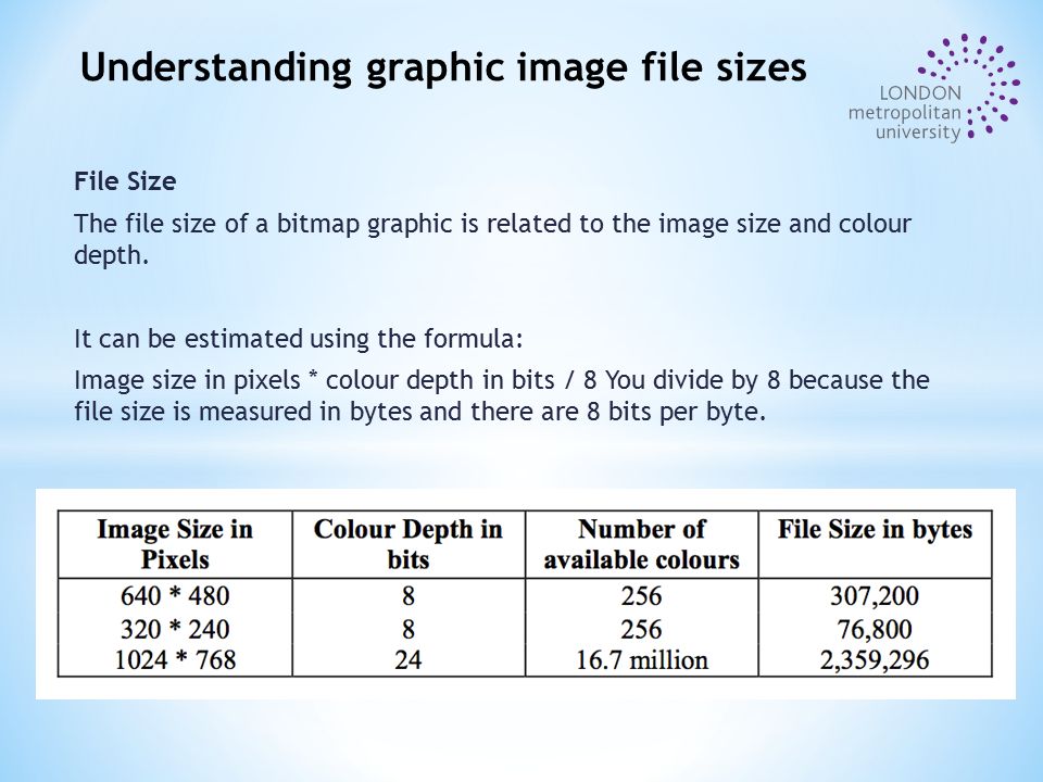 File Size The file size of a bitmap graphic is related to the image size and colour depth.