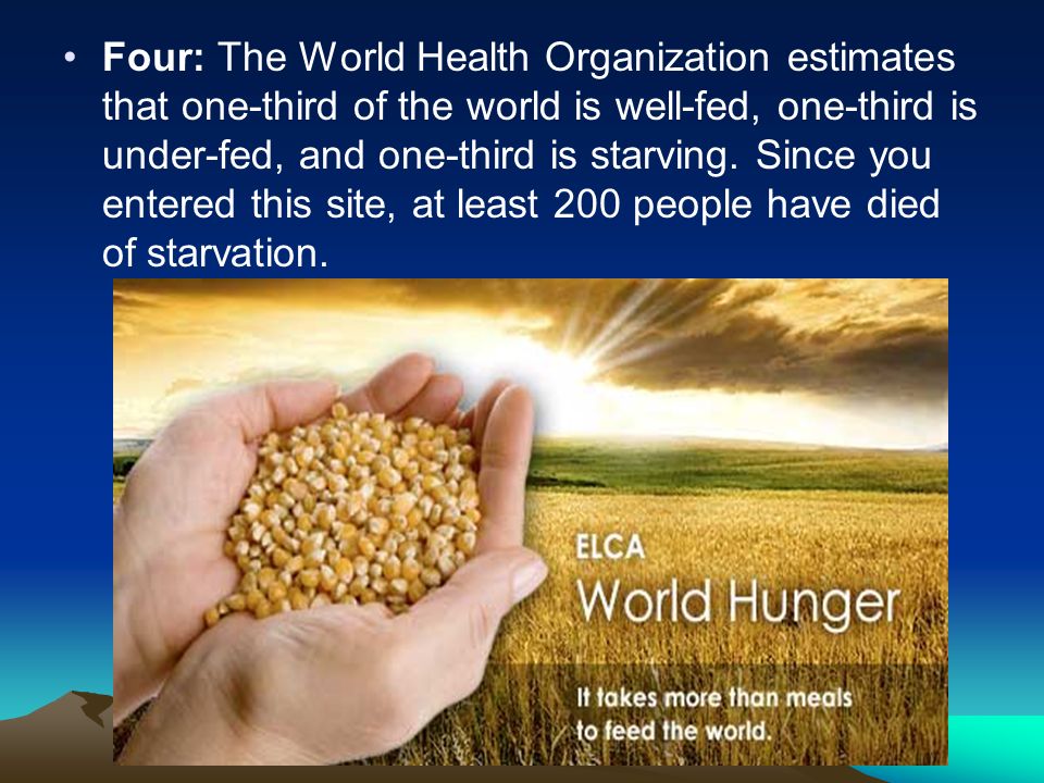 Four: The World Health Organization estimates that one-third of the world is well-fed, one-third is under-fed, and one-third is starving.
