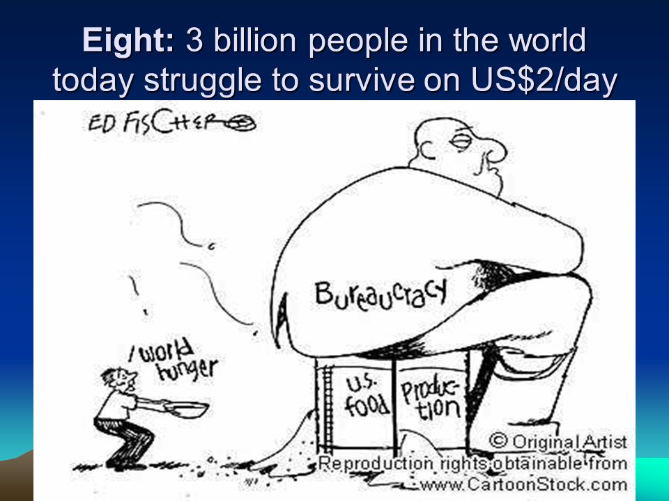 Eight: 3 billion people in the world today struggle to survive on US$2/day