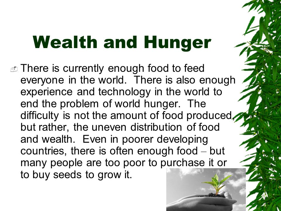 Wealth and Hunger  There is currently enough food to feed everyone in the world.