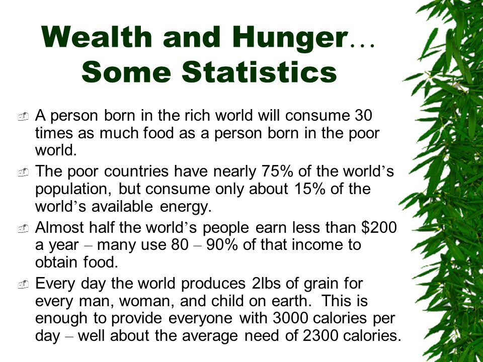 Wealth and Hunger … Some Statistics  A person born in the rich world will consume 30 times as much food as a person born in the poor world.
