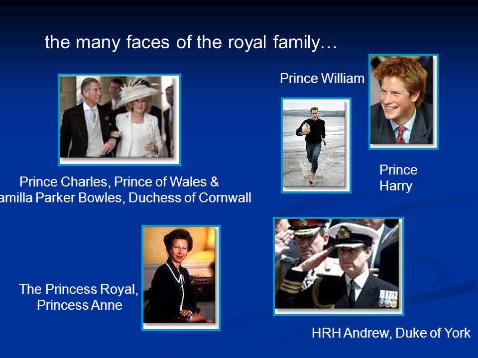 the many faces of the royal family… Prince Charles, Prince of Wales & Camilla Parker Bowles, Duchess of Cornwall Prince Harry Prince William HRH Andrew, Duke of York The Princess Royal, Princess Anne