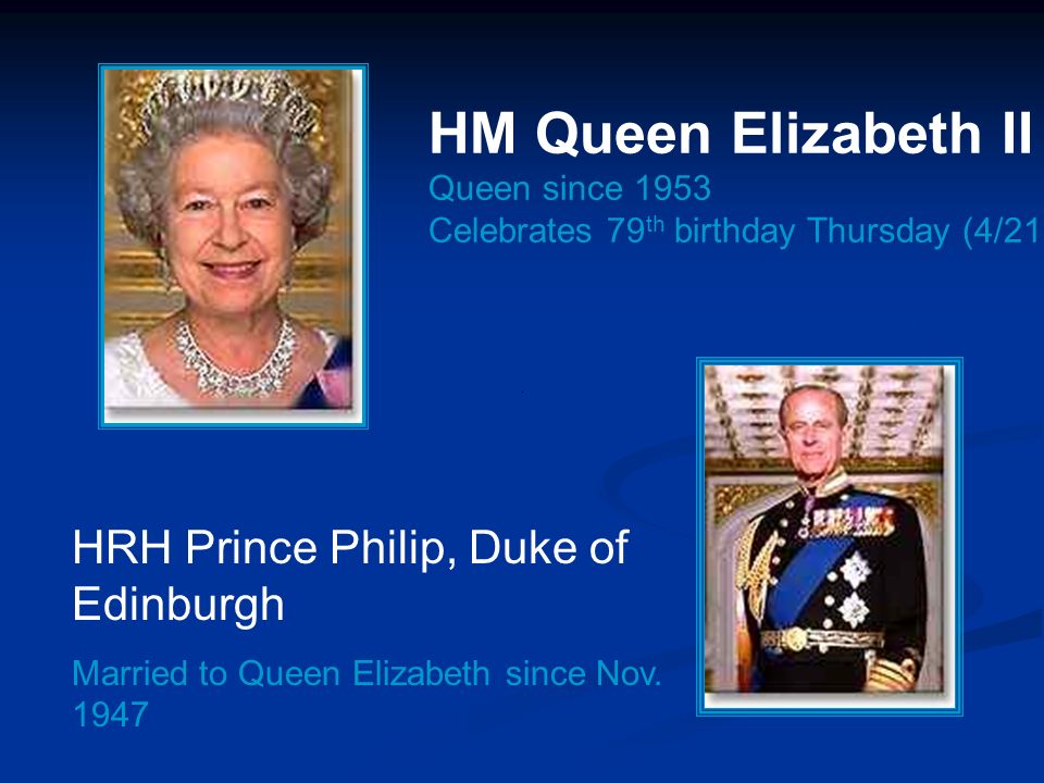 HM Queen Elizabeth II Queen since 1953 Celebrates 79 th birthday Thursday (4/21) HRH Prince Philip, Duke of Edinburgh Married to Queen Elizabeth since Nov.