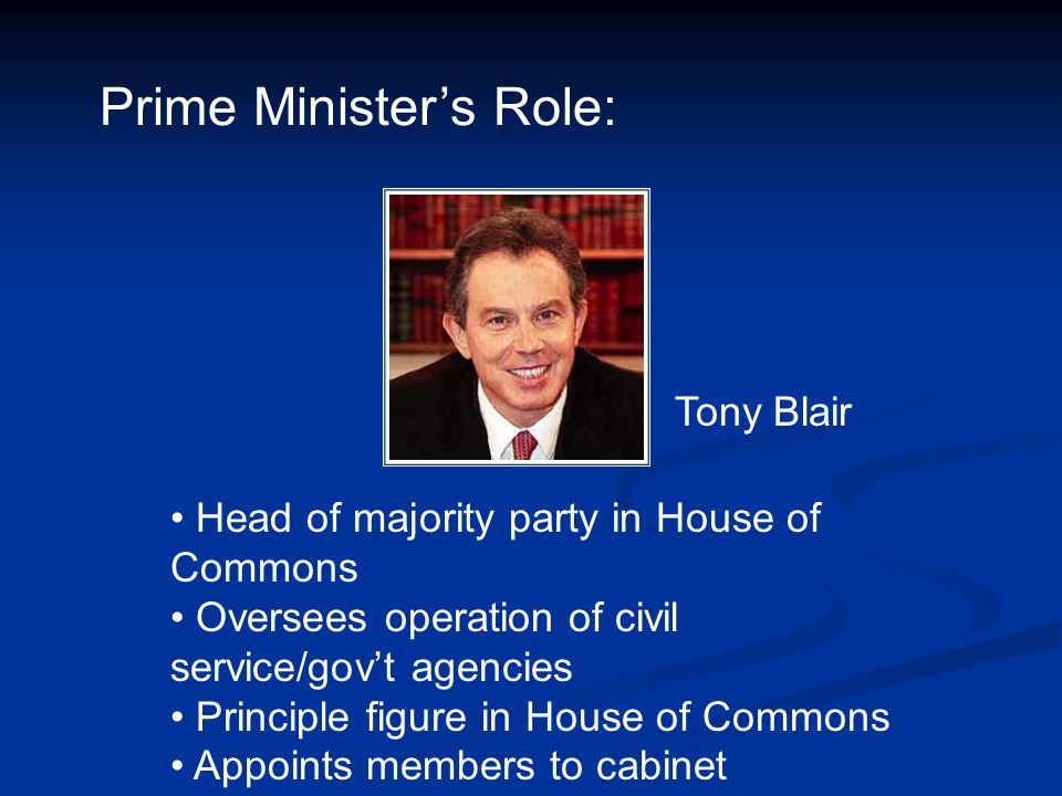 Prime Minister’s Role: Tony Blair Head of majority party in House of Commons Oversees operation of civil service/gov’t agencies Principle figure in House of Commons Appoints members to cabinet