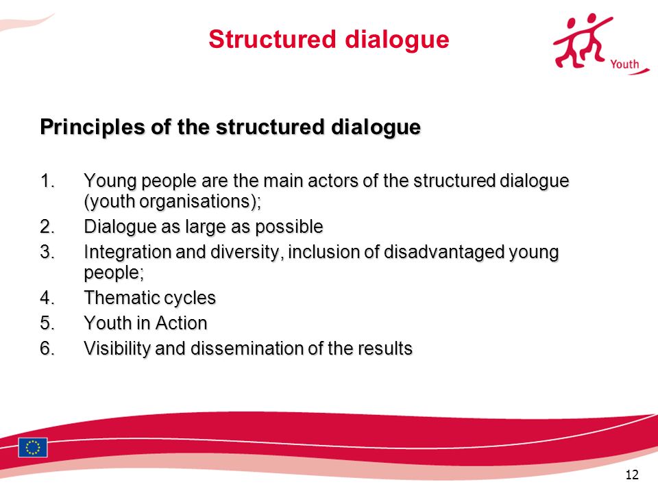 12 Structured dialogue Principles of the structured dialogue 1.Young people are the main actors of the structured dialogue (youth organisations); 2.Dialogue as large as possible 3.Integration and diversity, inclusion of disadvantaged young people; 4.Thematic cycles 5.Youth in Action 6.Visibility and dissemination of the results