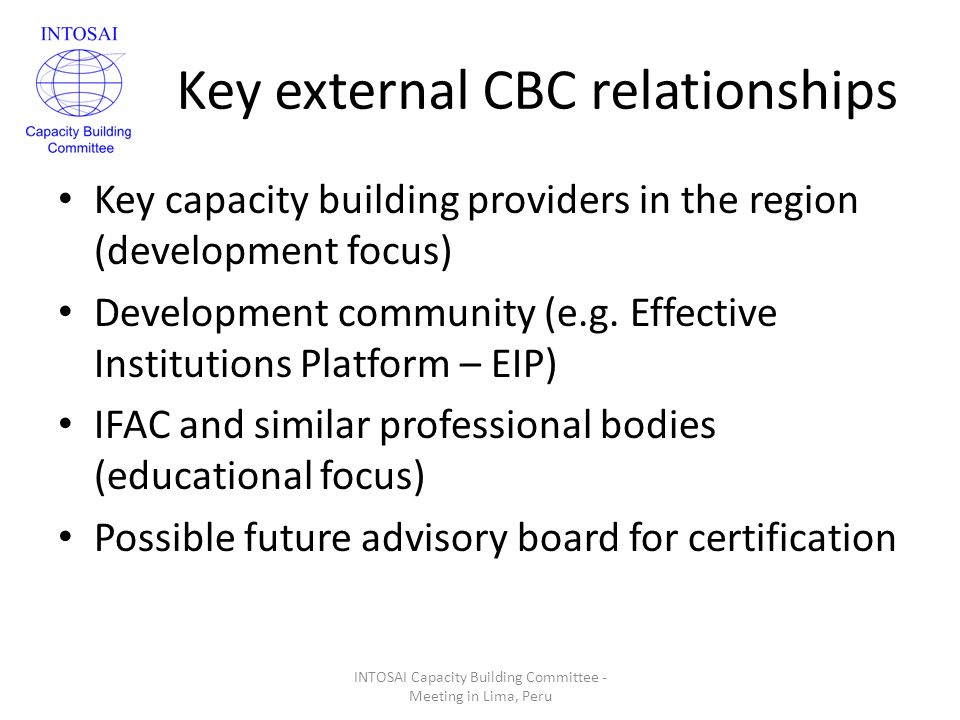 Key external CBC relationships Key capacity building providers in the region (development focus) Development community (e.g.