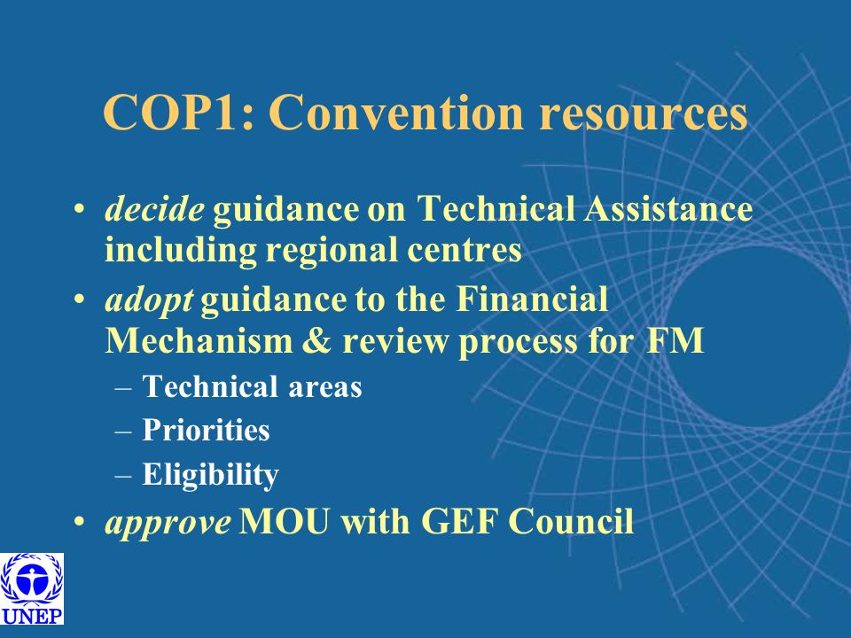 COP1: Convention resources decide guidance on Technical Assistance including regional centres adopt guidance to the Financial Mechanism & review process for FM –Technical areas –Priorities –Eligibility approve MOU with GEF Council