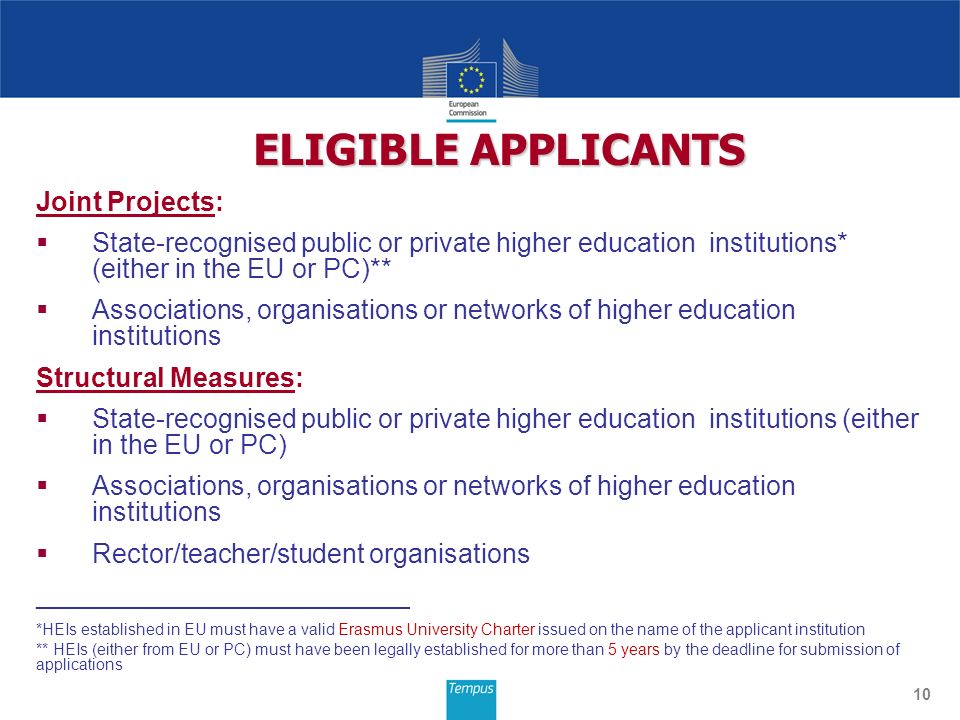 Joint Projects:  State-recognised public or private higher education institutions* (either in the EU or PC)**  Associations, organisations or networks of higher education institutions Structural Measures:  State-recognised public or private higher education institutions (either in the EU or PC)  Associations, organisations or networks of higher education institutions  Rector/teacher/student organisations _________________________ *HEIs established in EU must have a valid Erasmus University Charter issued on the name of the applicant institution ** HEIs (either from EU or PC) must have been legally established for more than 5 years by the deadline for submission of applications 10 ELIGIBLE APPLICANTS