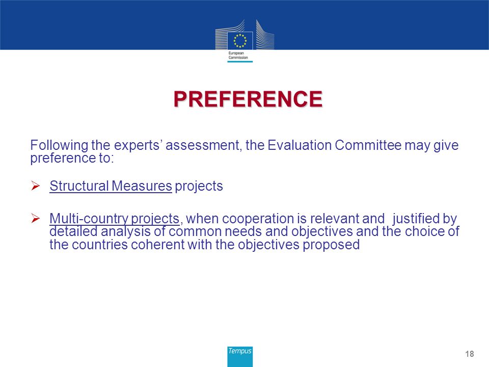 Following the experts’ assessment, the Evaluation Committee may give preference to:  Structural Measures projects  Multi-country projects, when cooperation is relevant and justified by detailed analysis of common needs and objectives and the choice of the countries coherent with the objectives proposed 18 PREFERENCE