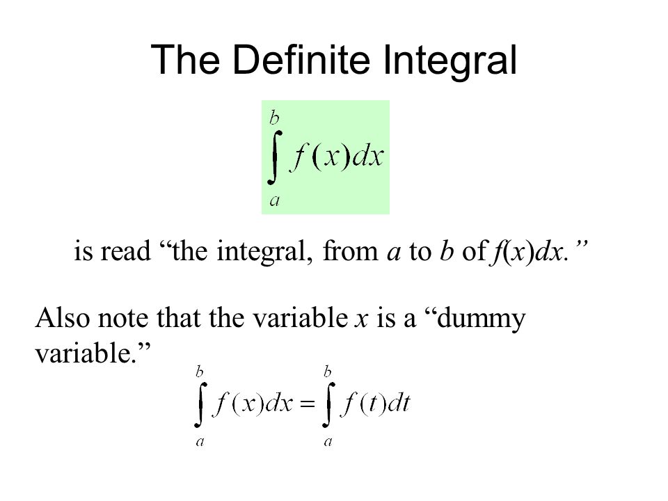 The Definite Integral is read the integral, from a to b of f(x)dx. Also note that the variable x is a dummy variable.
