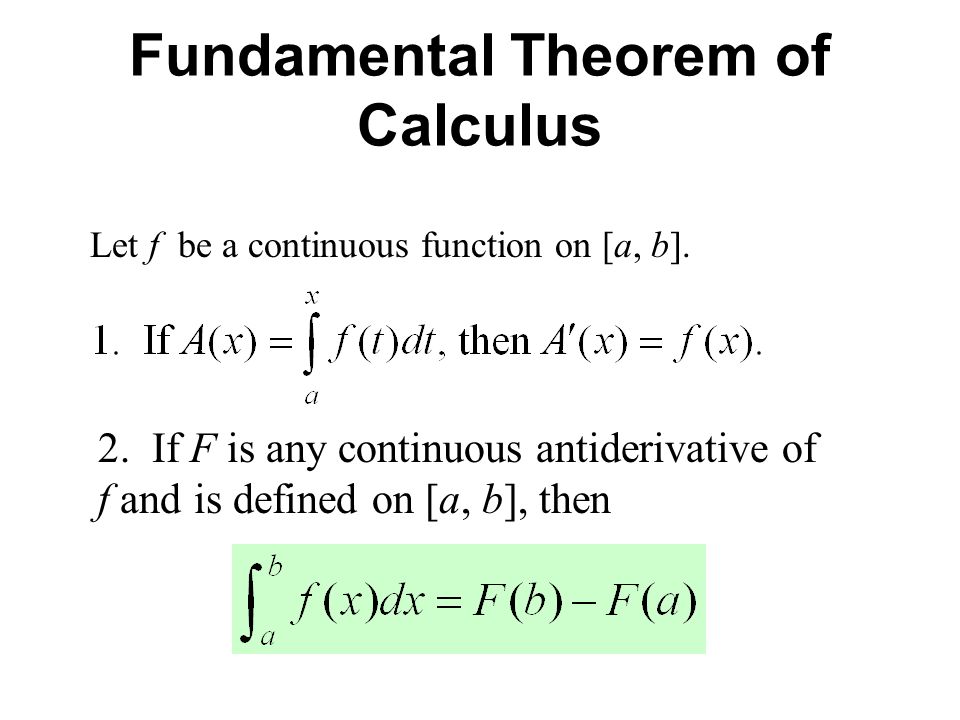 Fundamental Theorem of Calculus Let f be a continuous function on [a, b].