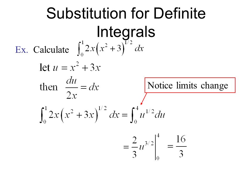 Substitution for Definite Integrals Ex. Calculate Notice limits change
