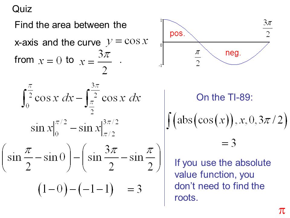 Quiz Find the area between the x-axis and the curve from to.