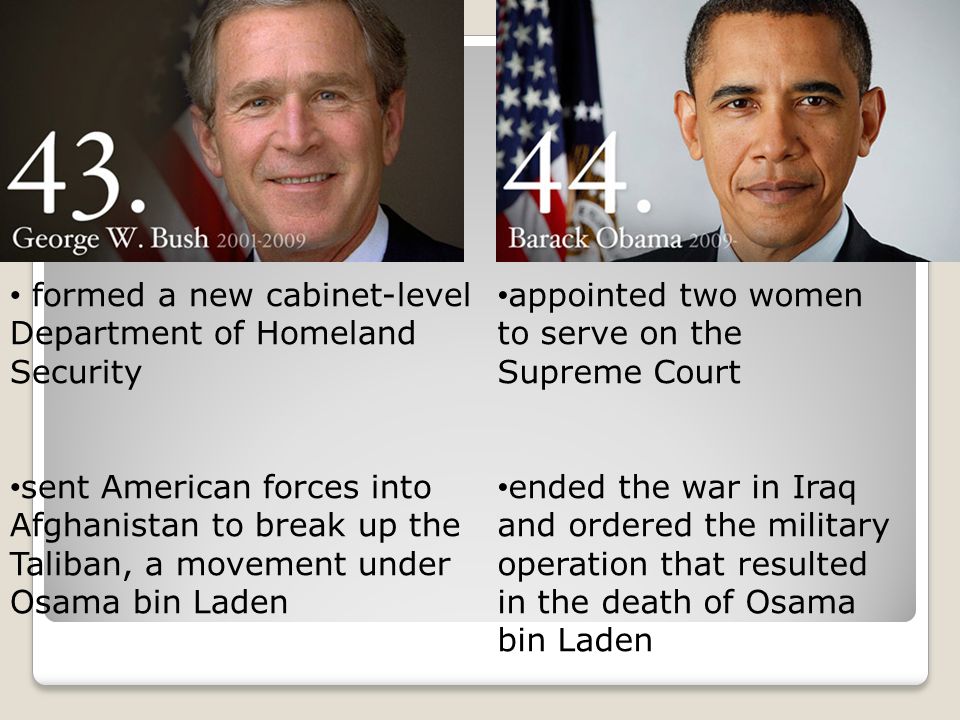 formed a new cabinet-level Department of Homeland Security sent American forces into Afghanistan to break up the Taliban, a movement under Osama bin Laden appointed two women to serve on the Supreme Court ended the war in Iraq and ordered the military operation that resulted in the death of Osama bin Laden
