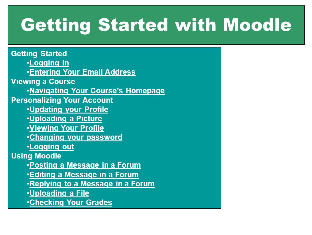 Getting Started with Moodle Getting Started Logging In Entering Your  Address Viewing a Course Navigating Your Course’s Homepage Personalizing Your Account Updating your Profile Uploading a Picture Viewing Your Profile Changing your password Logging out Using Moodle Posting a Message in a Forum Editing a Message in a Forum Replying to a Message in a Forum Uploading a File Checking Your Grades