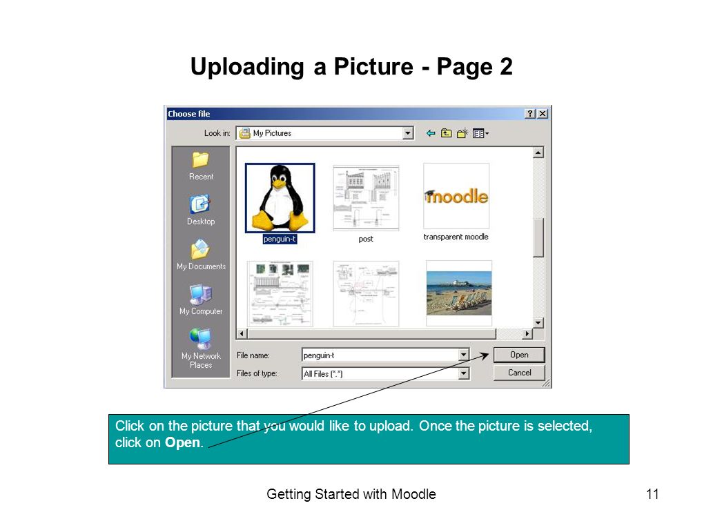 Getting Started with Moodle11 Uploading a Picture - Page 2 Click on the picture that you would like to upload.