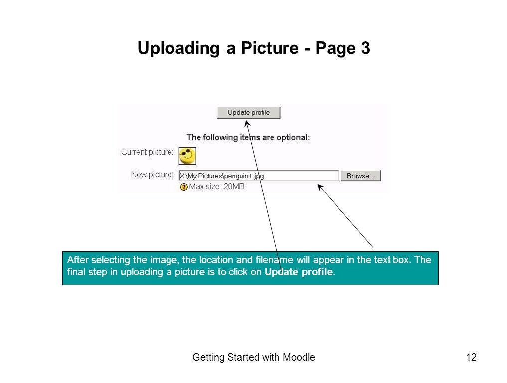 Getting Started with Moodle12 Uploading a Picture - Page 3 After selecting the image, the location and filename will appear in the text box.