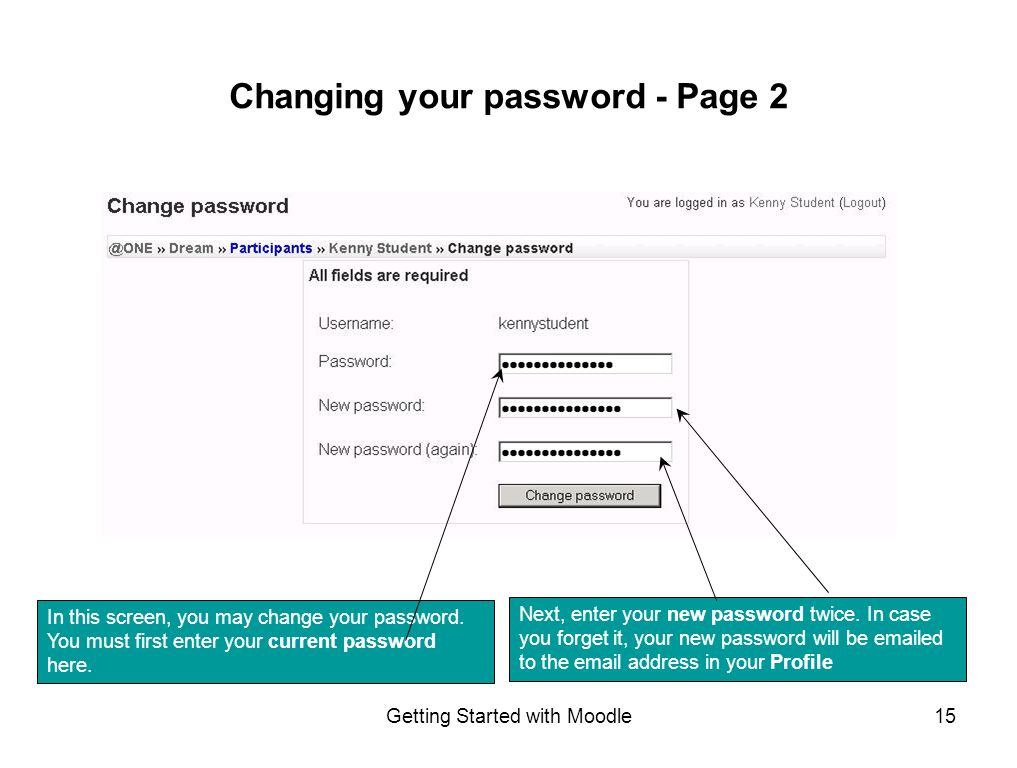 Getting Started with Moodle15 Changing your password - Page 2 Next, enter your new password twice.