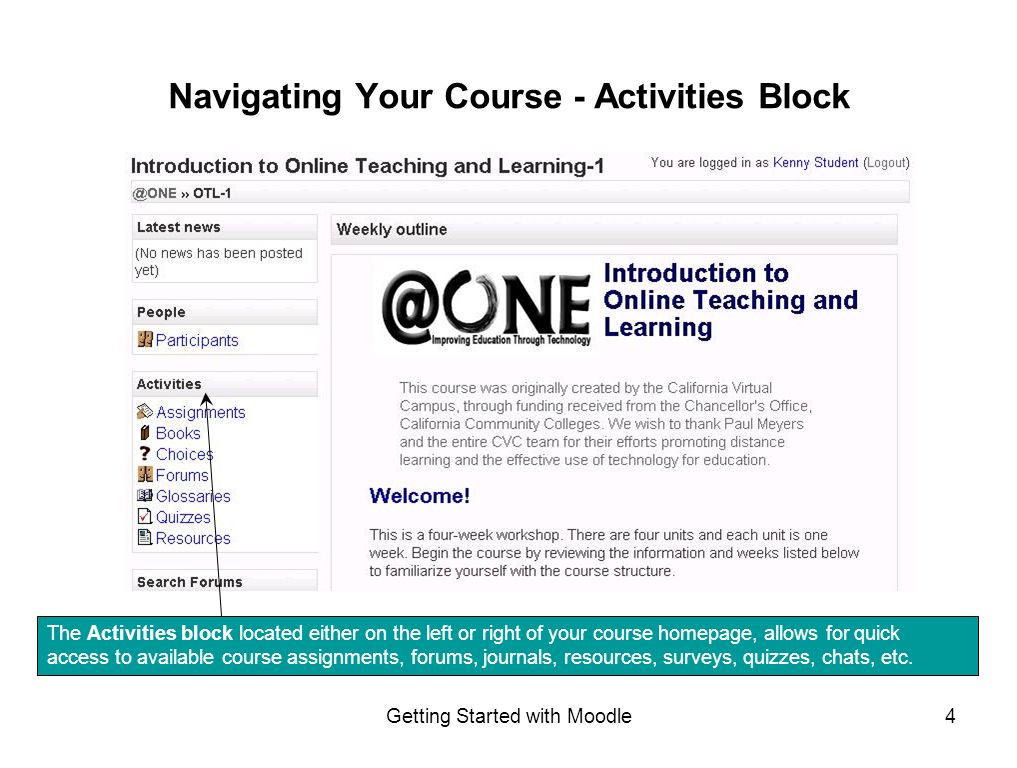 Getting Started with Moodle4 Navigating Your Course - Activities Block The Activities block located either on the left or right of your course homepage, allows for quick access to available course assignments, forums, journals, resources, surveys, quizzes, chats, etc.