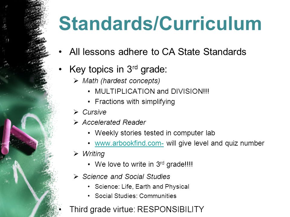 Standards/Curriculum All lessons adhere to CA State Standards Key topics in 3 rd grade:  Math (hardest concepts) MULTIPLICATION and DIVISION!!.