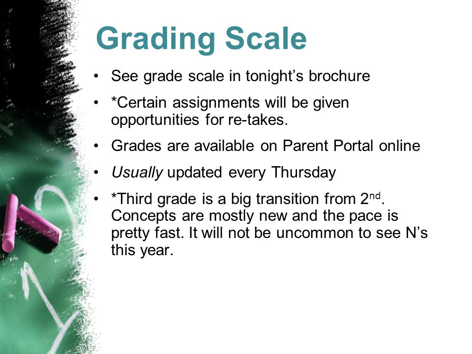 Grading Scale See grade scale in tonight’s brochure *Certain assignments will be given opportunities for re-takes.