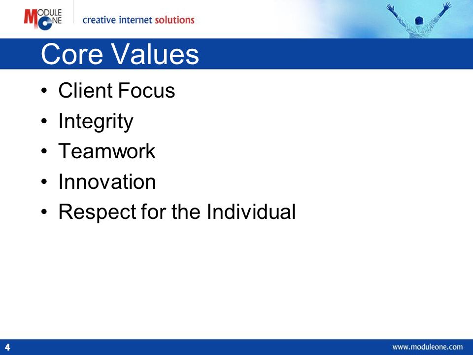 44 Core Values Client Focus Integrity Teamwork Innovation Respect for the Individual
