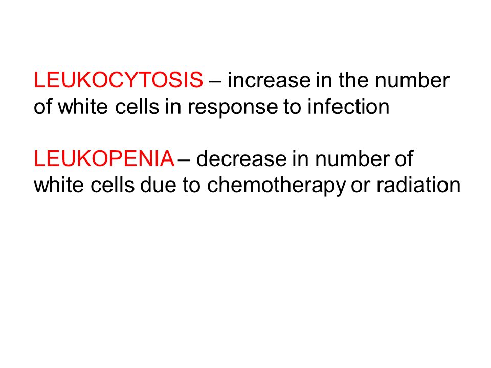 LEUKOCYTOSIS – increase in the number of white cells in response to infection LEUKOPENIA – decrease in number of white cells due to chemotherapy or radiation