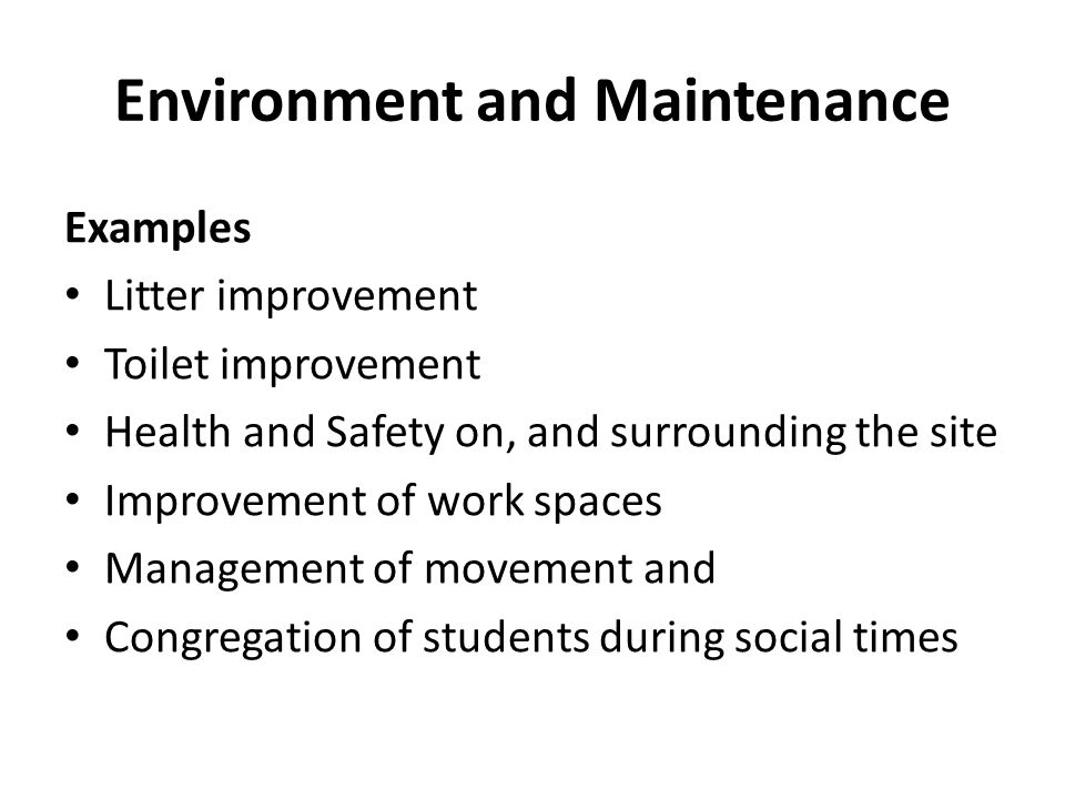 Environment and Maintenance Examples Litter improvement Toilet improvement Health and Safety on, and surrounding the site Improvement of work spaces Management of movement and Congregation of students during social times