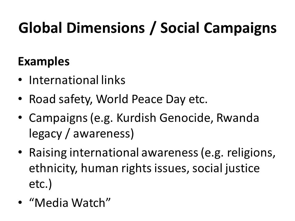 Global Dimensions / Social Campaigns Examples International links Road safety, World Peace Day etc.