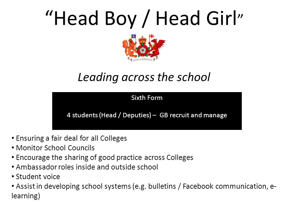 Head Boy / Head Girl Leading across the school Ensuring a fair deal for all Colleges Monitor School Councils Encourage the sharing of good practice across Colleges Ambassador roles inside and outside school Student voice Assist in developing school systems (e.g.