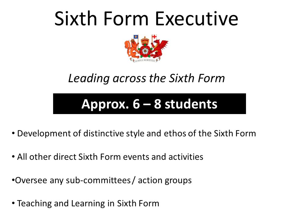 Sixth Form Executive Leading across the Sixth Form Development of distinctive style and ethos of the Sixth Form All other direct Sixth Form events and activities Oversee any sub-committees / action groups Teaching and Learning in Sixth Form Approx.