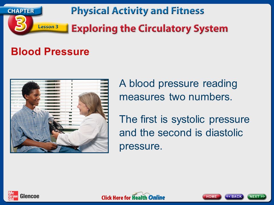 Blood Pressure A blood pressure reading measures two numbers.