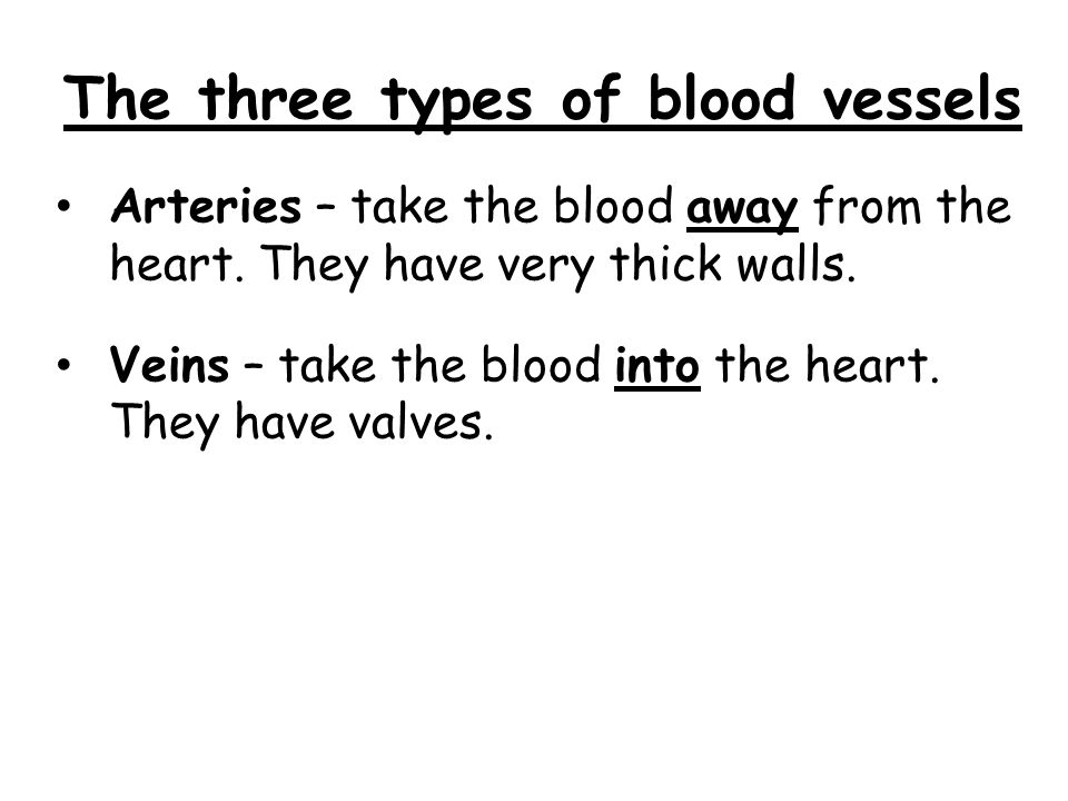 The three types of blood vessels Arteries – take the blood away from the heart.