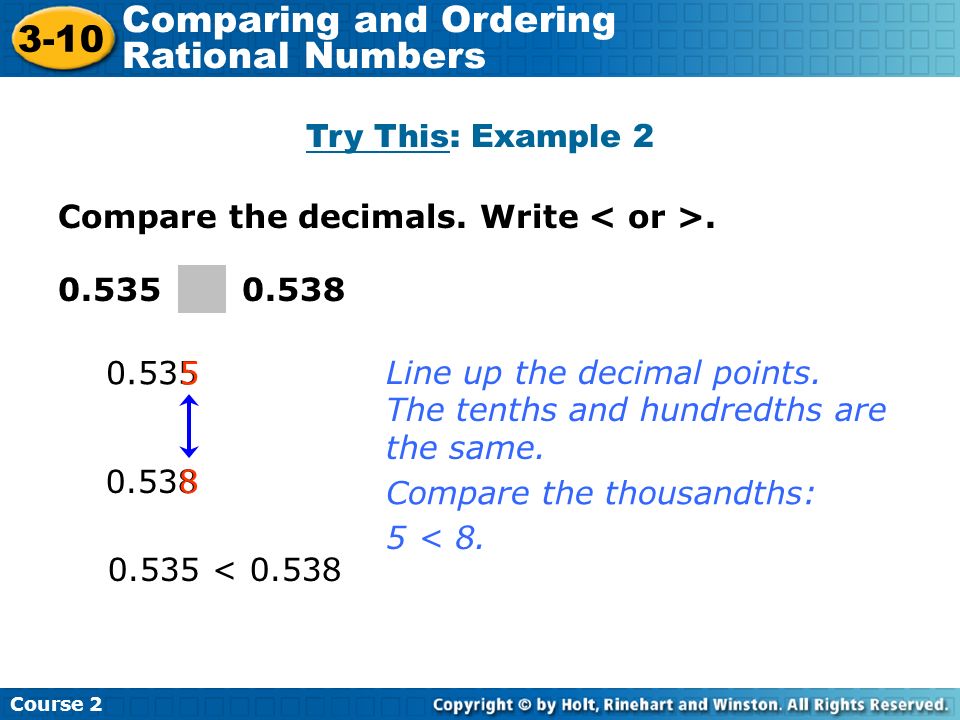 Compare the decimals. Write < Line up the decimal points.