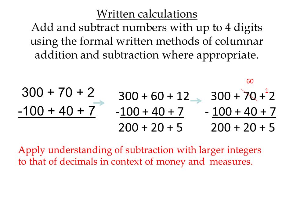 Written calculations Add and subtract numbers with up to 4 digits using the formal written methods of columnar addition and subtraction where appropriate.