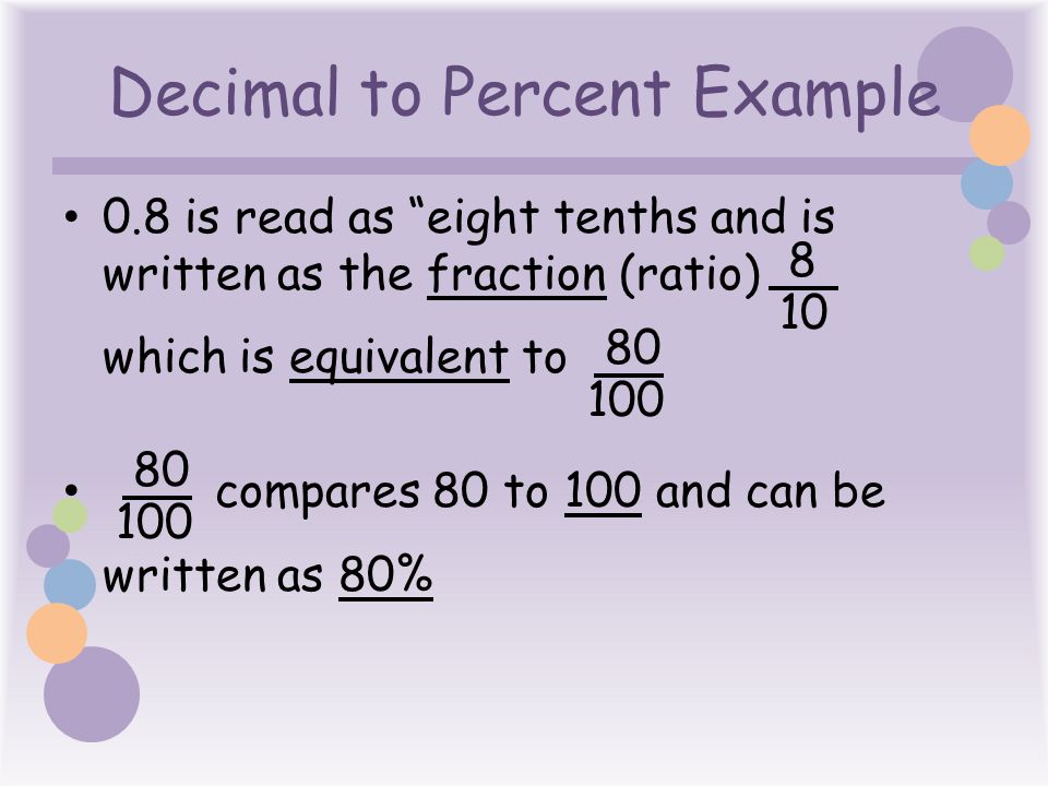 Decimal to Percent Example 0.8 is read as eight tenths and is written as the fraction (ratio) which is equivalent to compares 80 to 100 and can be written as 80%