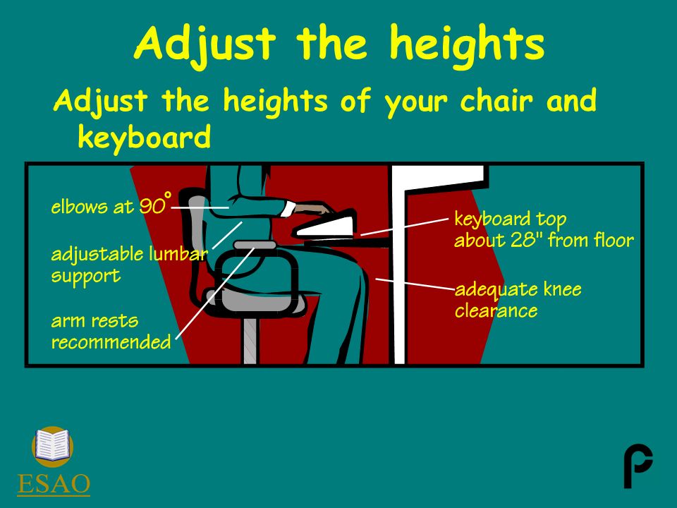 Adjust the heights Adjust the heights of your chair and keyboard