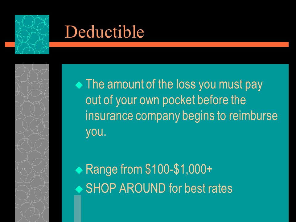 Deductible  The amount of the loss you must pay out of your own pocket before the insurance company begins to reimburse you.