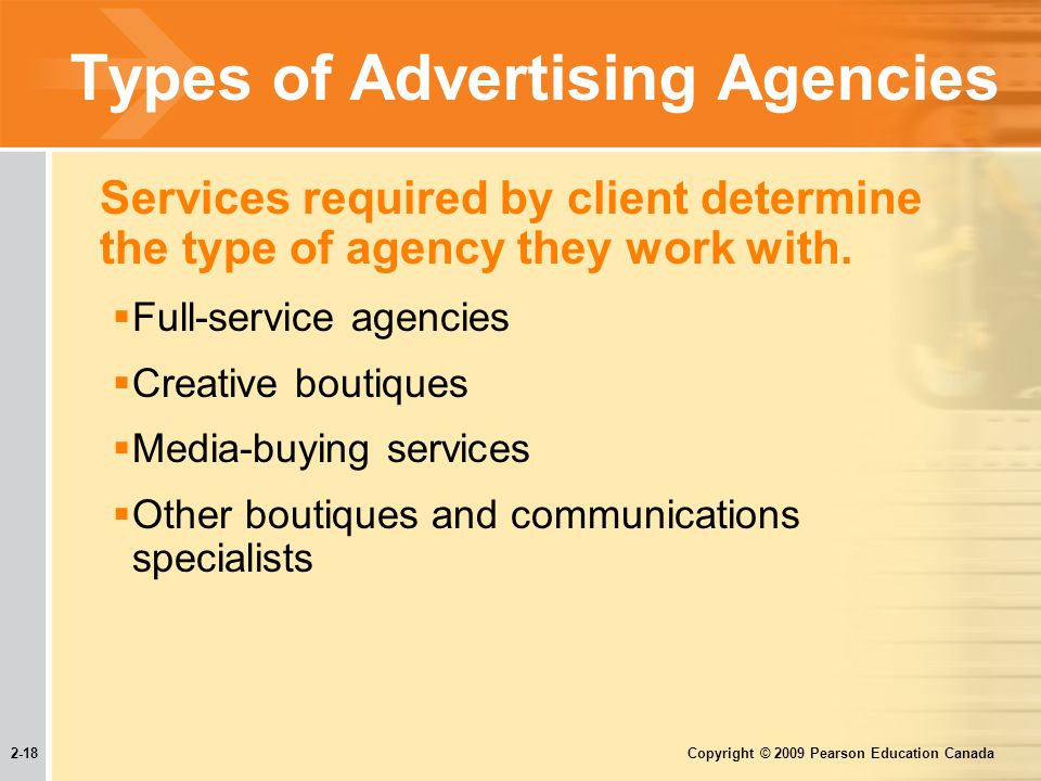 2-18 Copyright © 2009 Pearson Education Canada Types of Advertising Agencies Services required by client determine the type of agency they work with.